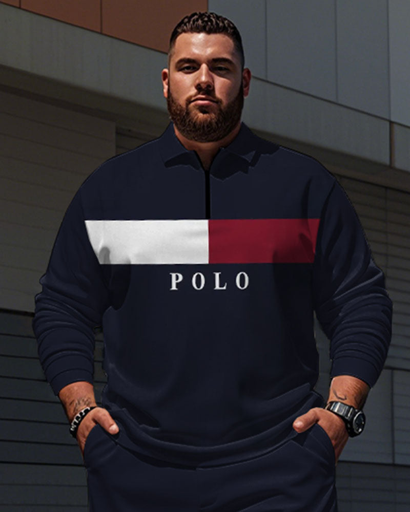 Big & Tall Blue Colorblock Striped Polo Pants Set for big men view 2