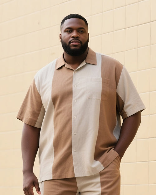 Big & Tall Brown Khaki Striped T-Shirt Shorts Set for big men view 2