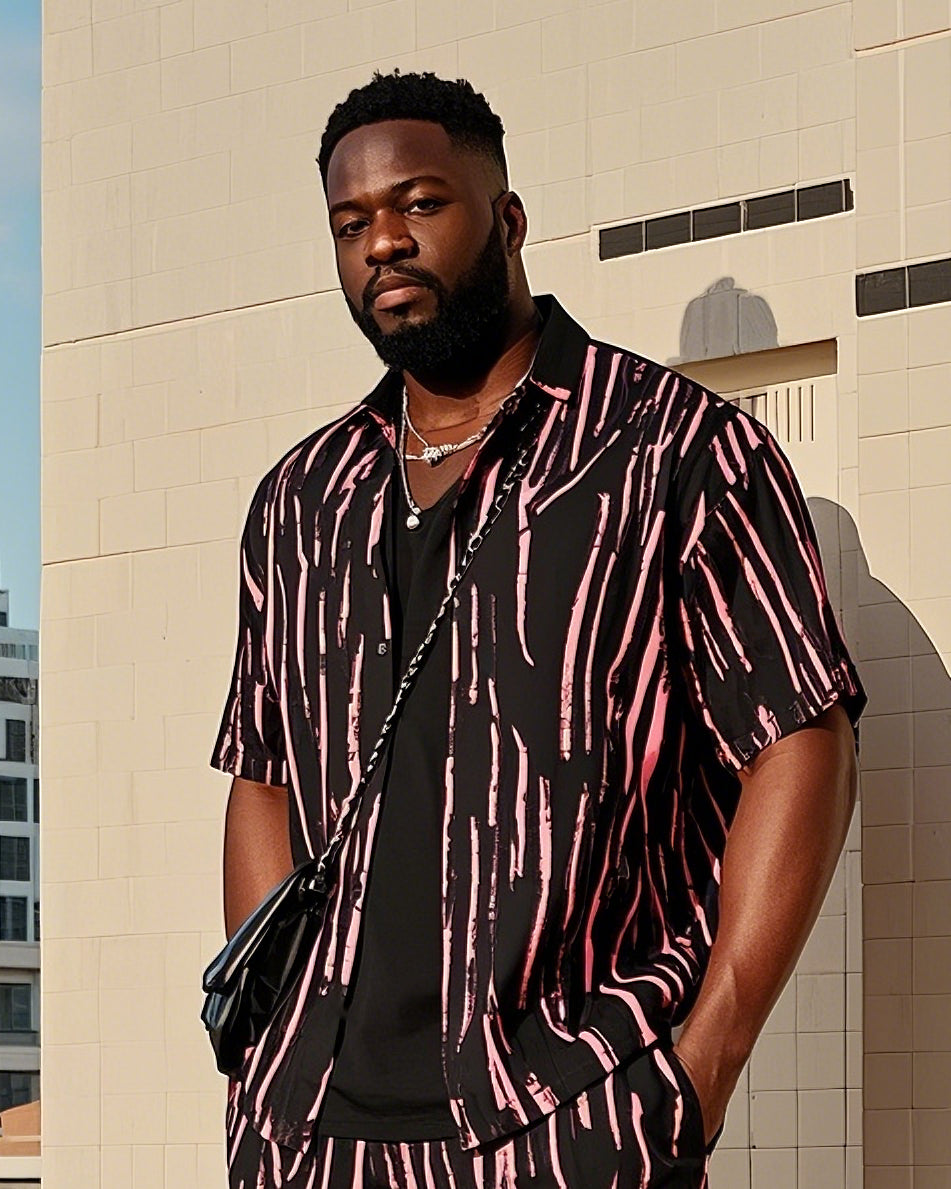 Big & Tall Black Red Colorblock T-Shirt Shorts Set for big men view 2