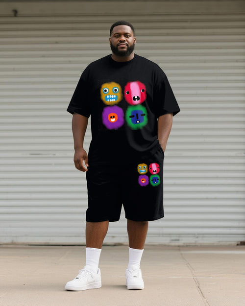Big & Tall Black Graphic Graffiti T-Shirt Shorts Set for big men view 1