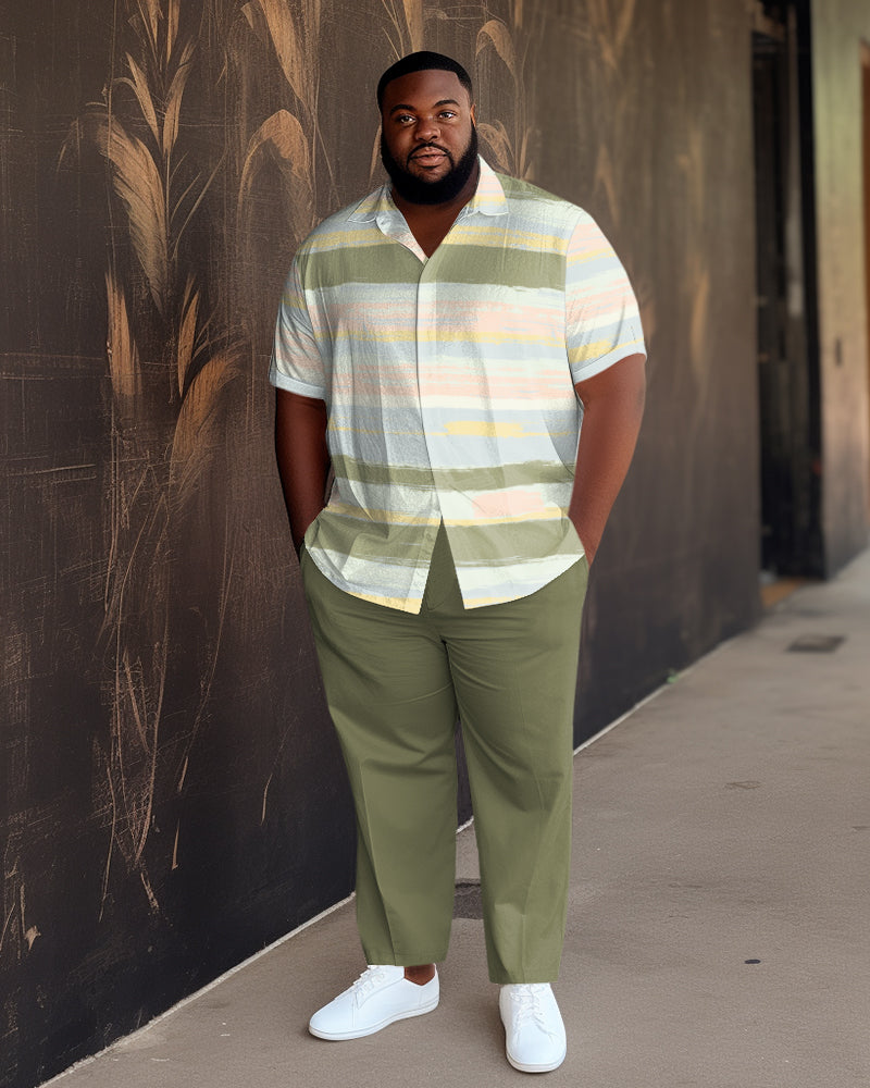 Big & Tall Green Colorblock Shirt Pants Set for big men view 1
