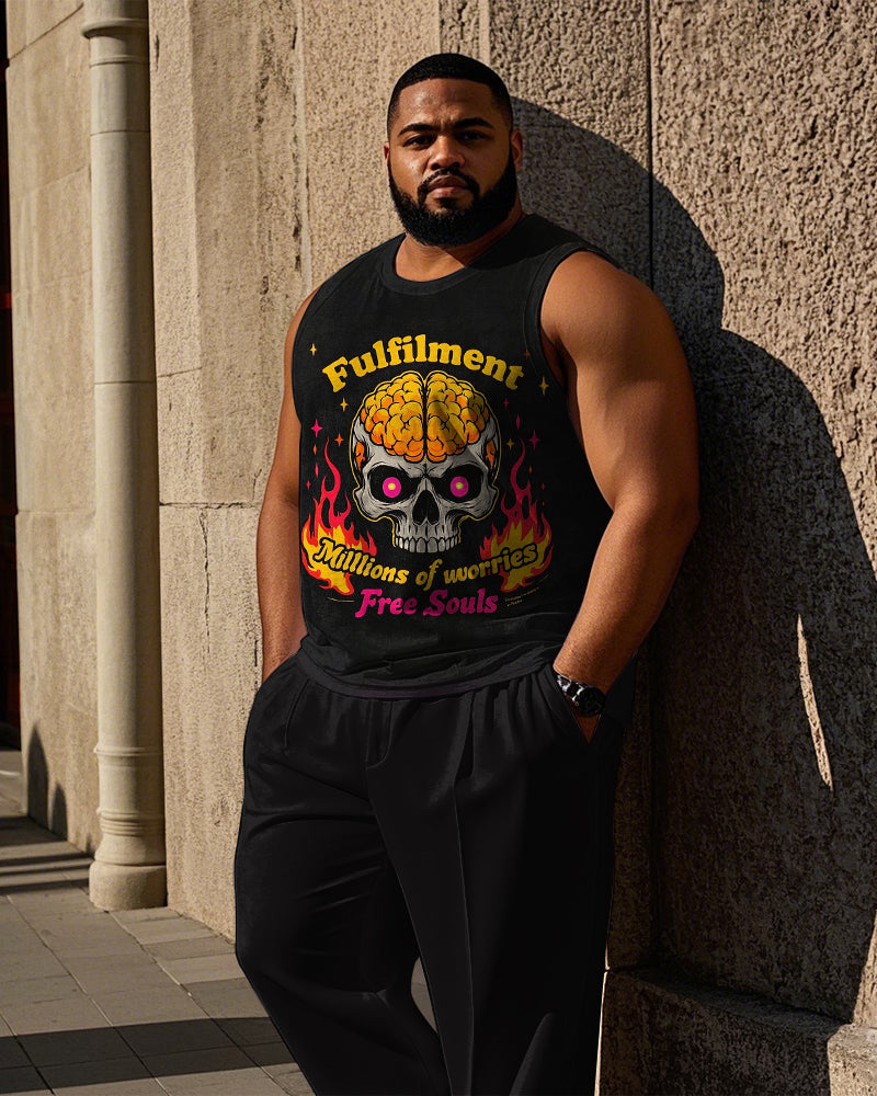 Big & Tall Graphic Streetwear Skull Vest Pants Set for big men view 1