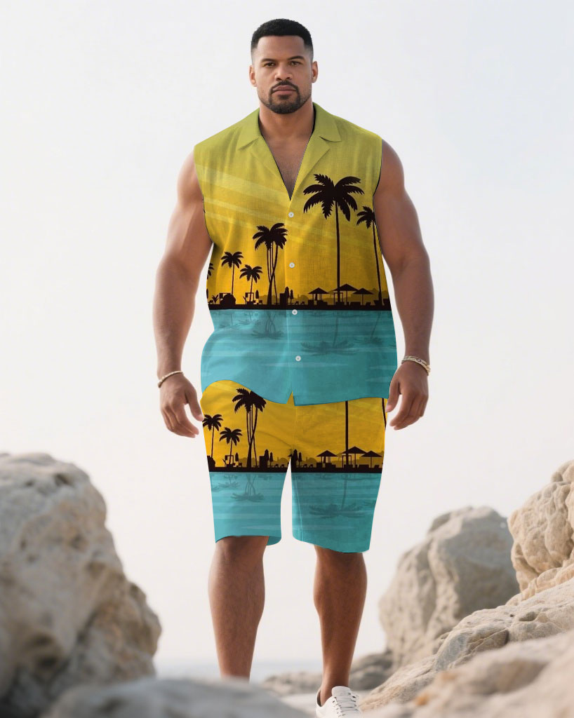 Big & Tall Blue Yellow Hawaiian Shirt Shorts Set for big men view 1