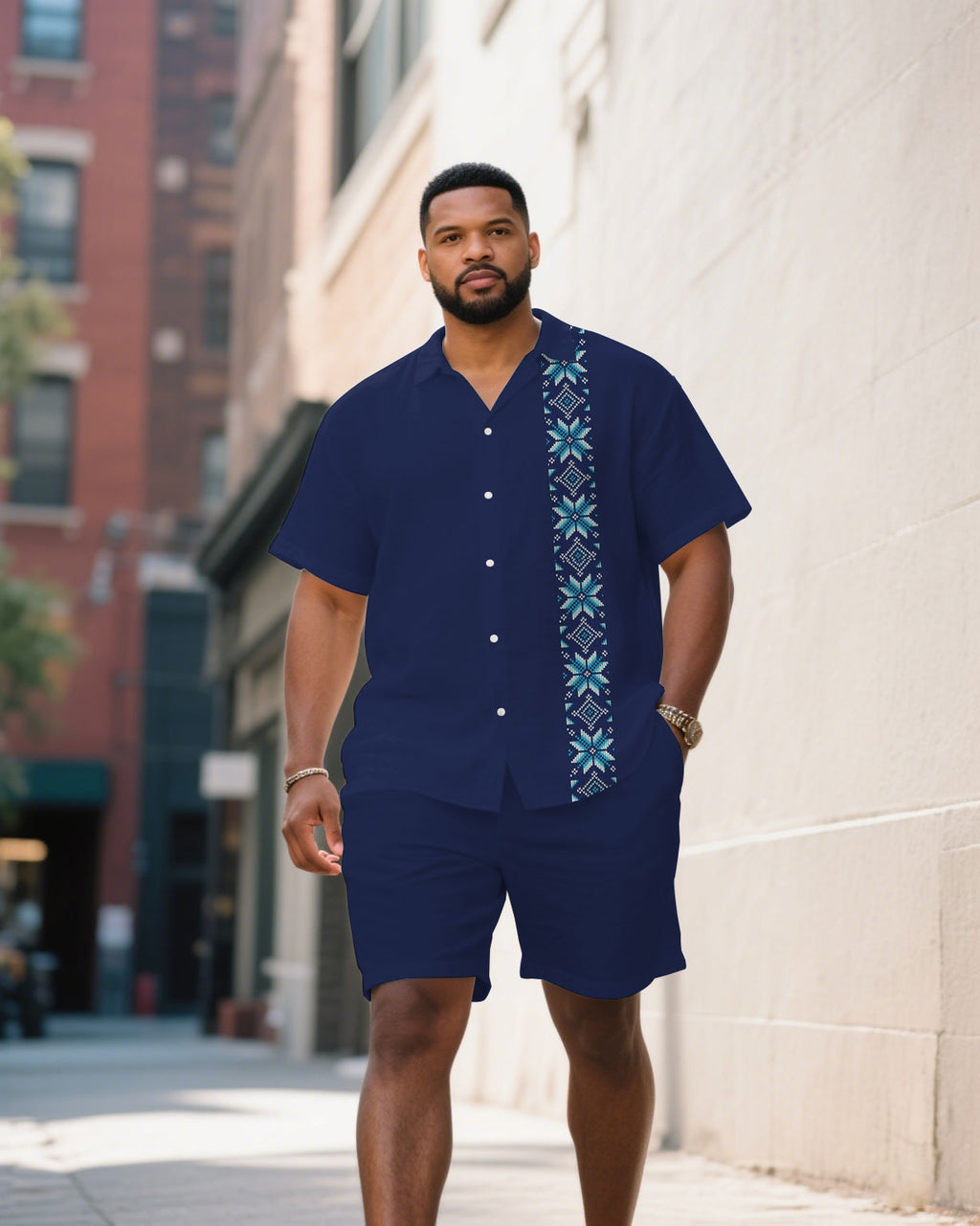 Big & Tall Blue Patchwork T-Shirt Shorts Set for big men view 1