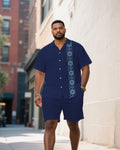 Big & Tall Blue Patchwork T-Shirt Shorts Set for big men view 1