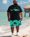 Big & Tall Black Blue Hawaiian T-Shirt Shorts Set for men view 2