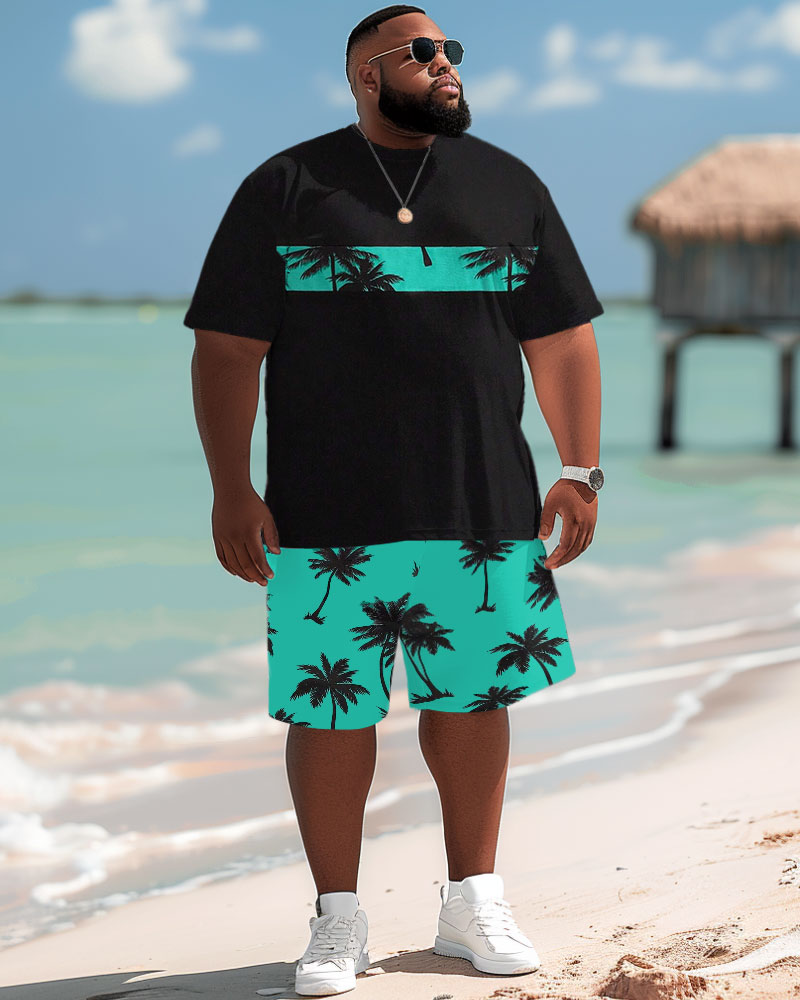 Big & Tall Black Blue Hawaiian T-Shirt Shorts Set for men view 2
