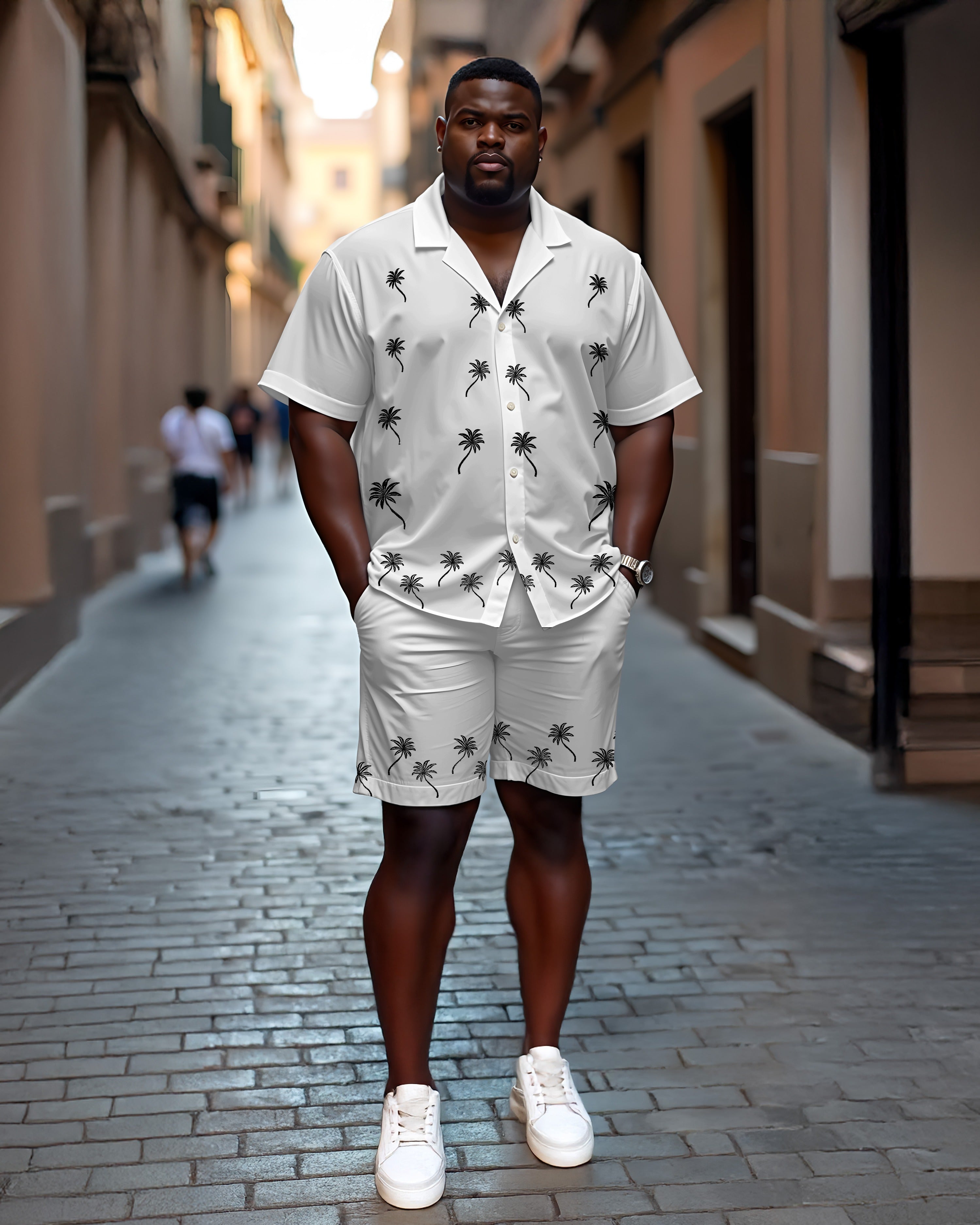 Big & Tall White Hawaiian T-Shirt Shorts Set for big men view 1