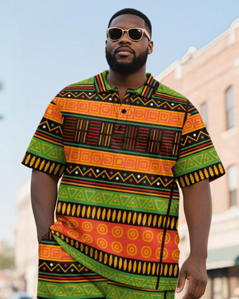 Big & Tall Green Orange Colorblock Polo Shorts Set for big men view 3