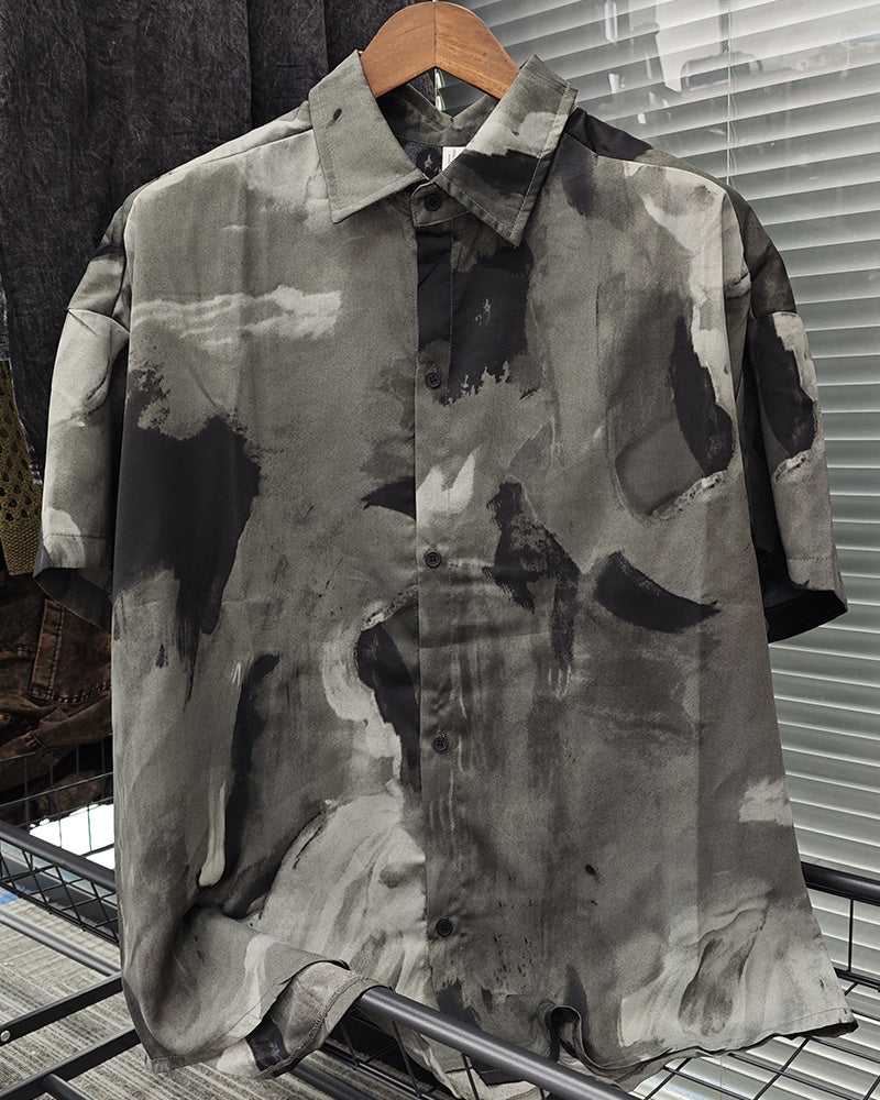 Big & Tall Green Gray Geometric Shirt Shorts Set for big men view 2