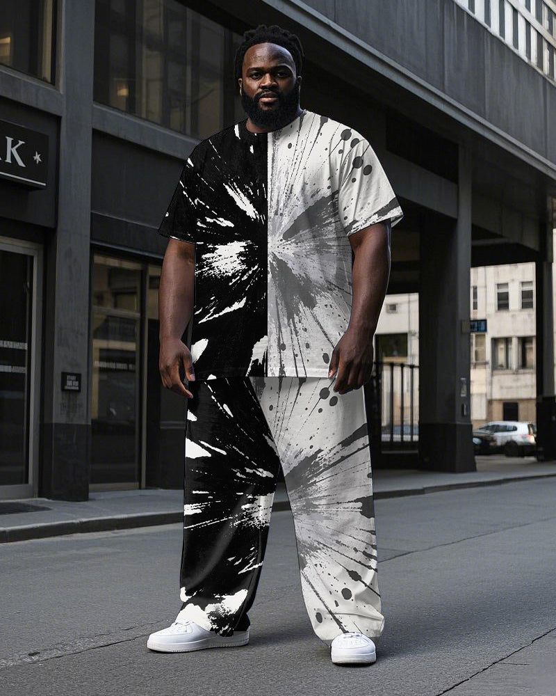 Big & Tall Black White Colorblock T-Shirt Pants Set for big men view 1