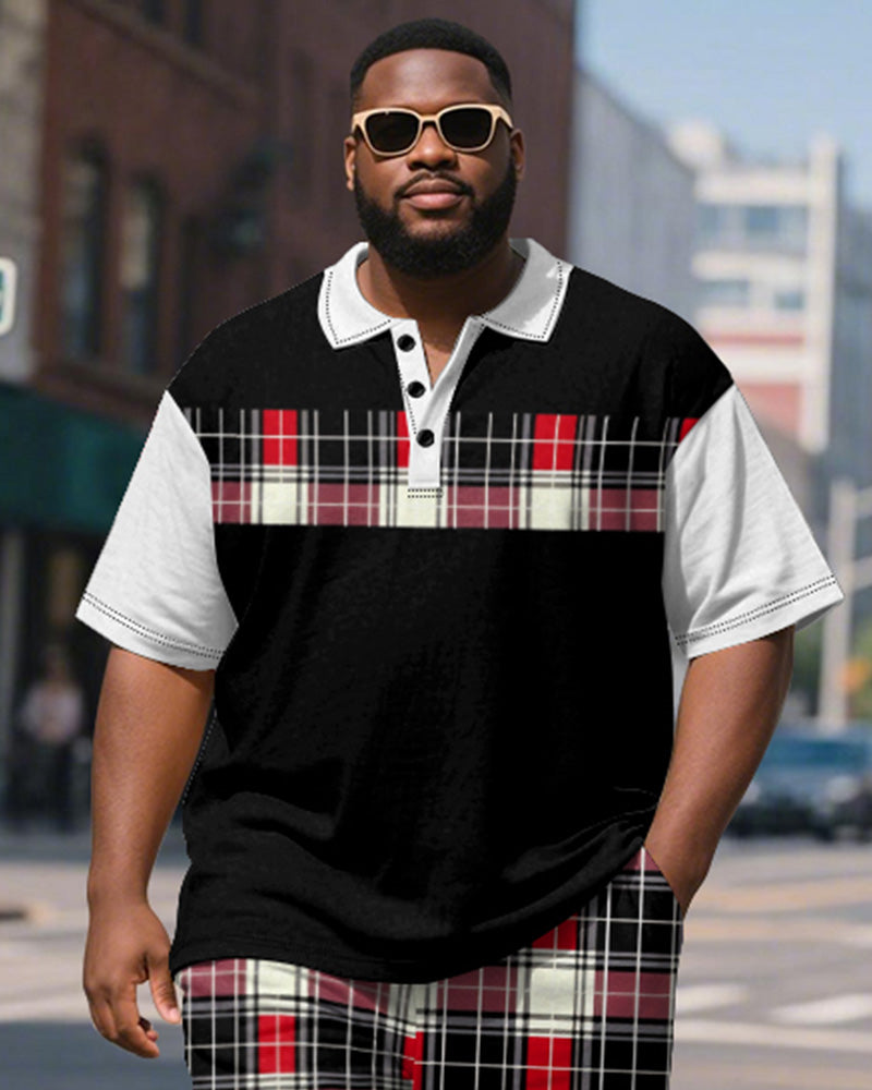 Big & Tall Black Red Colorblock Polo Shorts Set for big men view 3