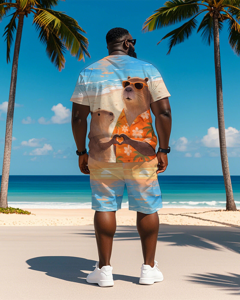 Big & Tall Orange Hawaiian Graphic T-Shirt Shorts Set for big men view 5