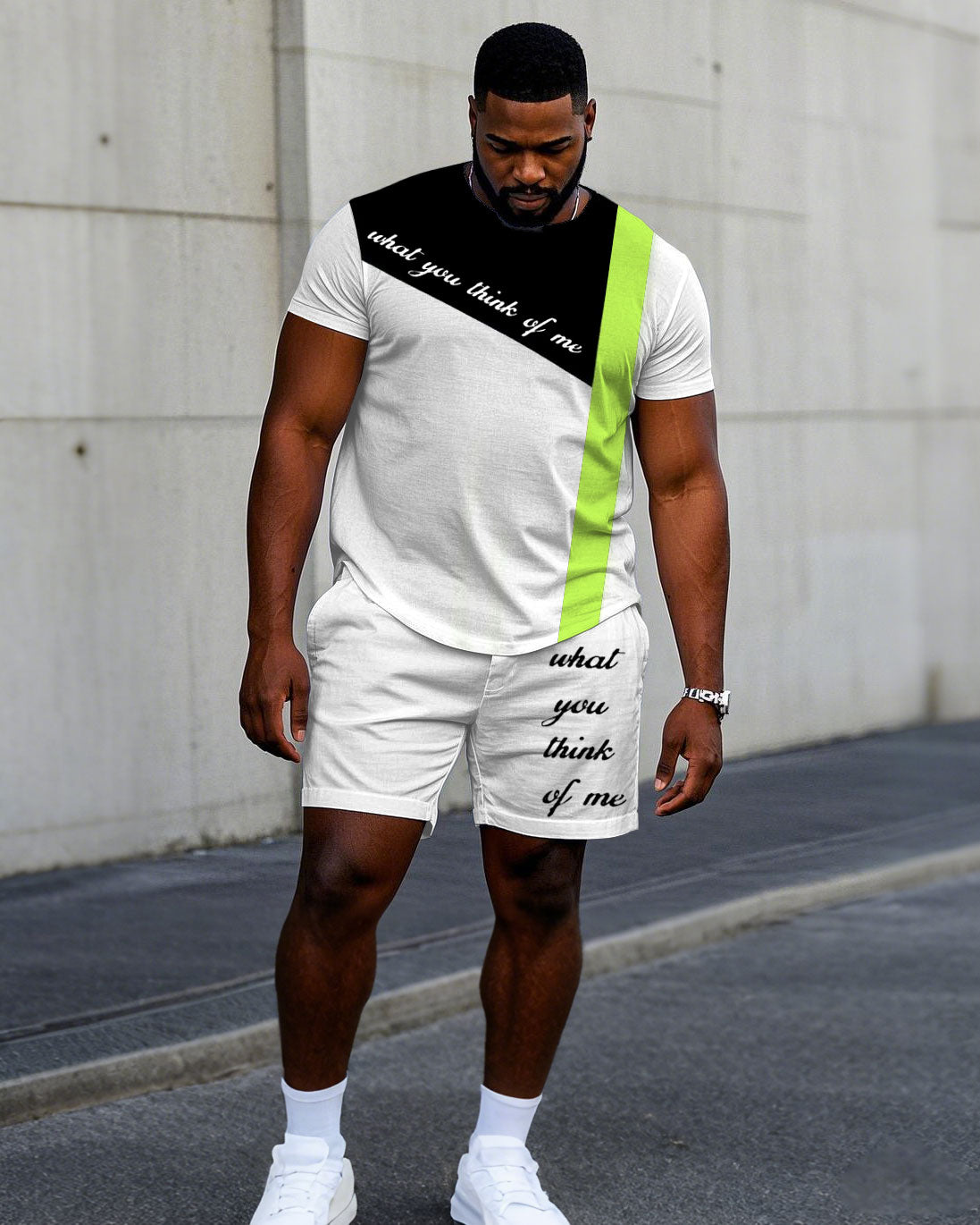 Big & Tall White Green Colorblock T-Shirt Shorts Set for big men view 1