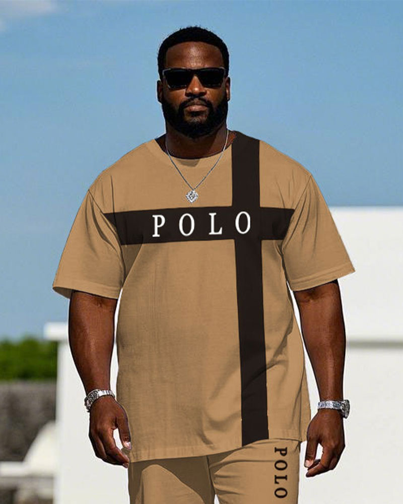 Big & Tall Khaki Colorblock Graphic T-Shirt Pants Set for big men view 2