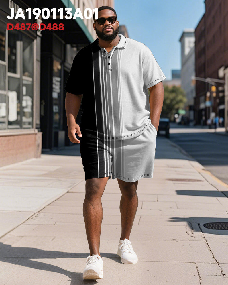 Big & Tall Black Gradient Striped Polo Shorts Set for big men view 2