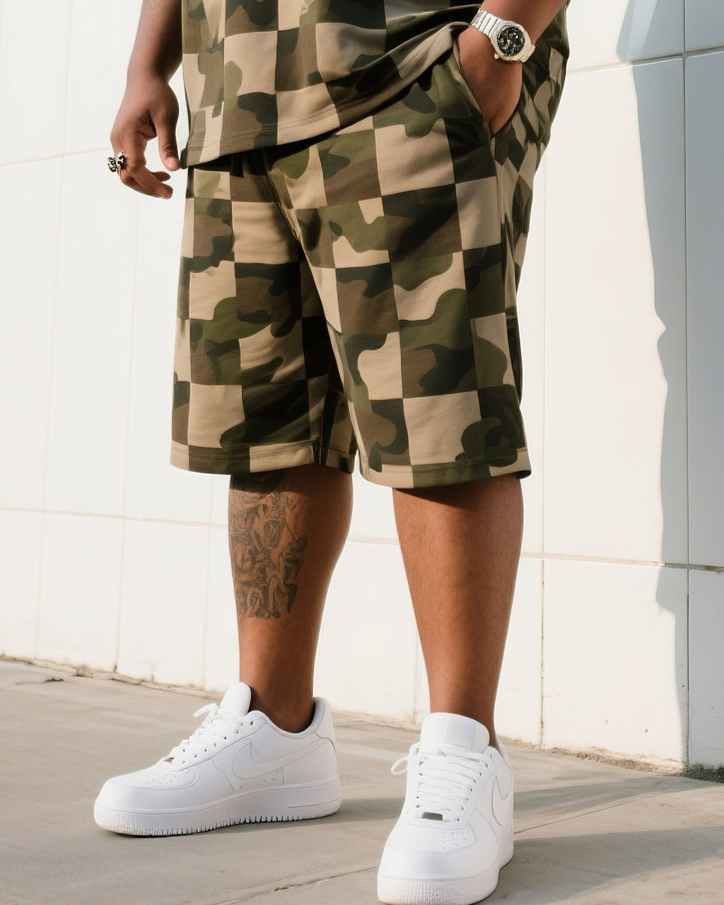 Big & Tall Plaid Camouflage T-Shirt Shorts Set for big men view 3