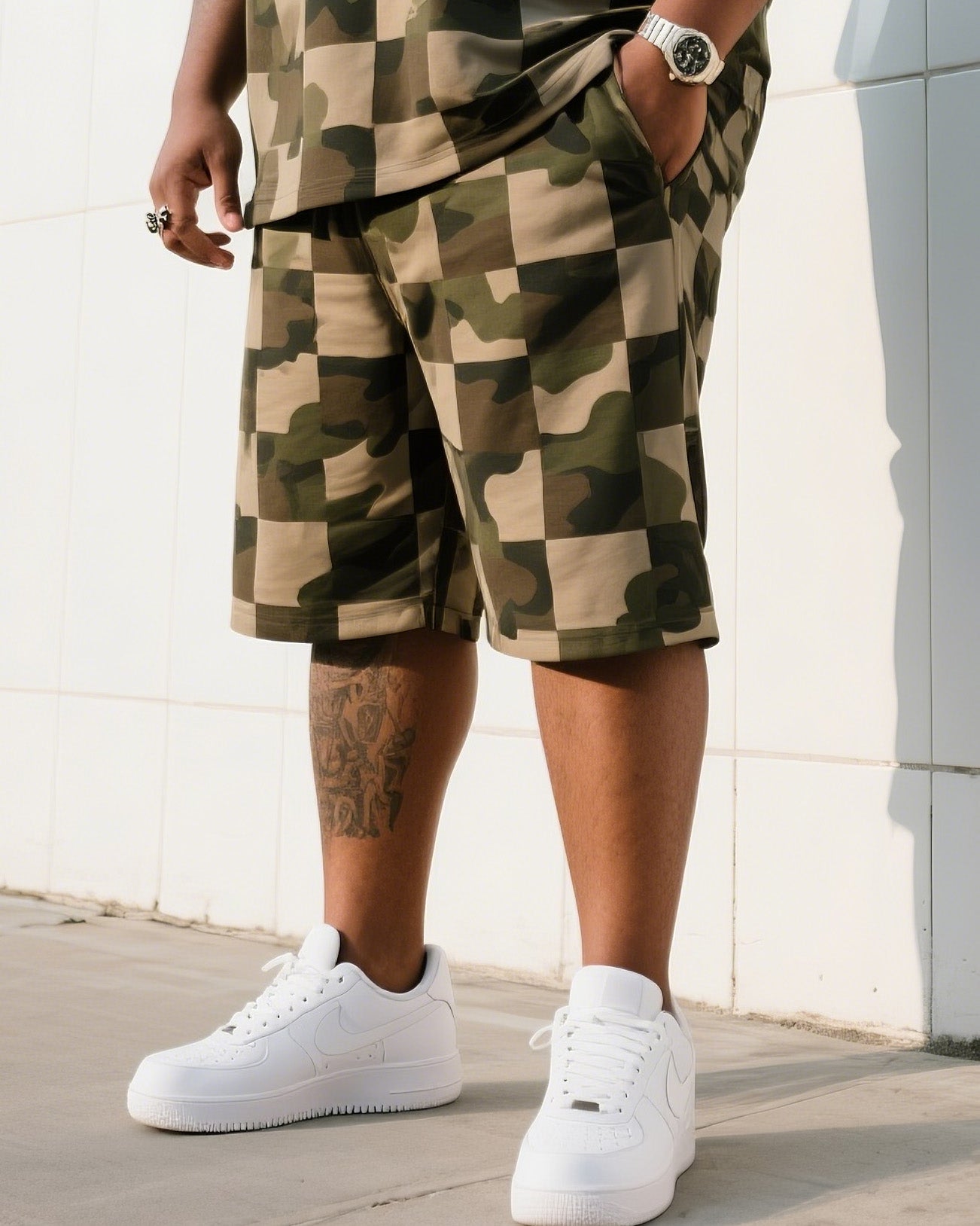 Big & Tall Plaid Camouflage T-Shirt Shorts Set for big men view 3