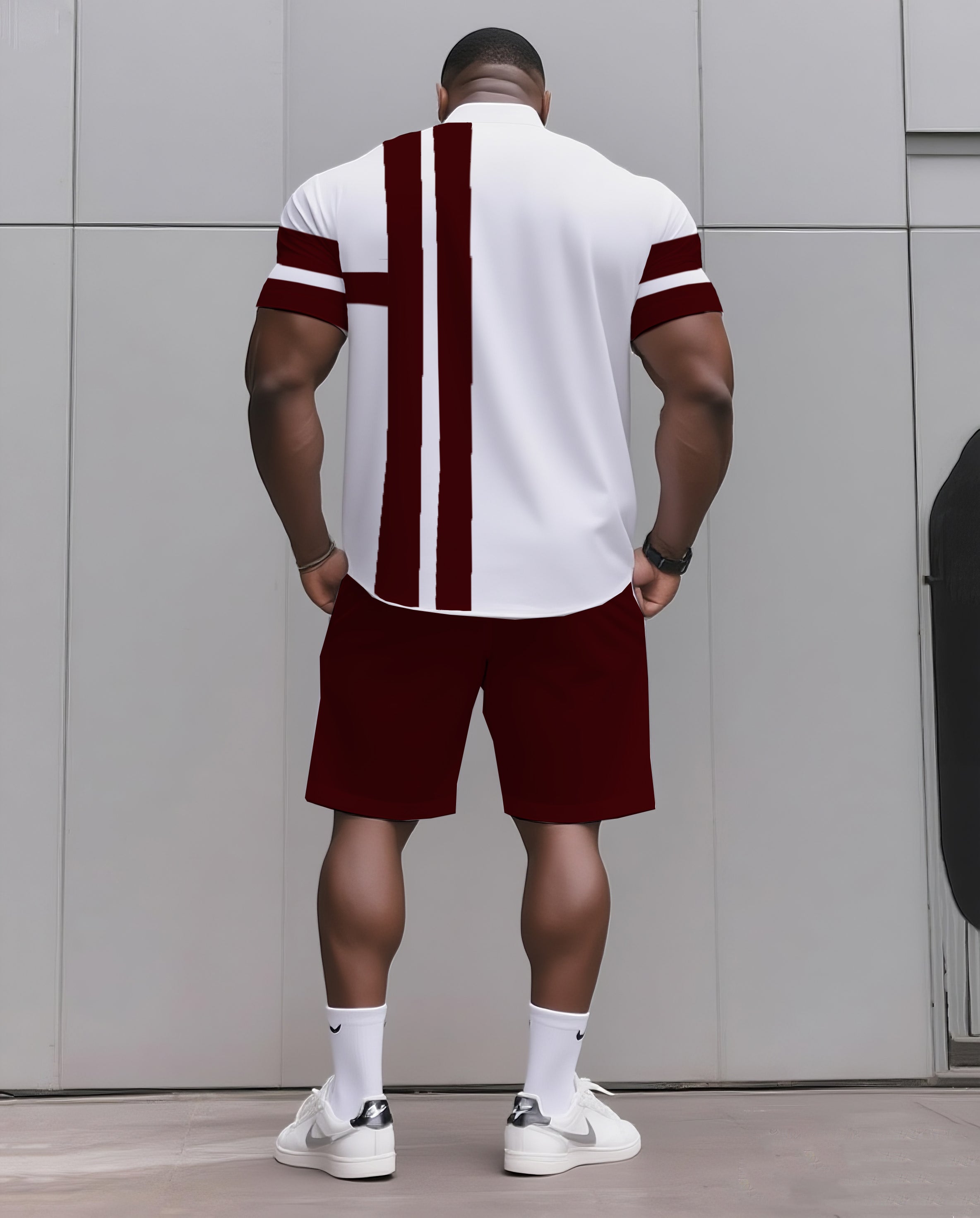 Big & Tall Black Blue Striped T-Shirt Shorts Set for big men view 6