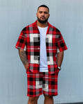 Big & Tall Red Plaid Graphic T-Shirt Shorts Set for big men view 1