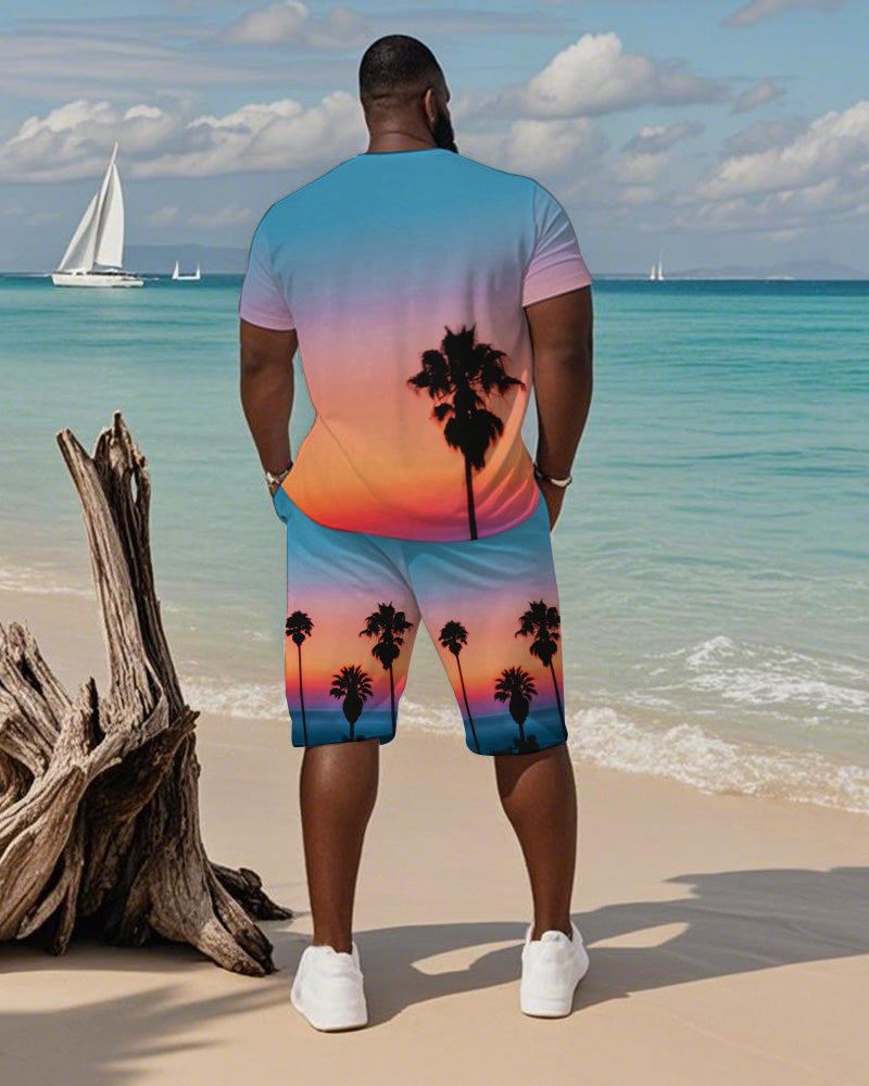 Big & Tall Hawaiian Gradient T-Shirt Shorts Set for big men view 4