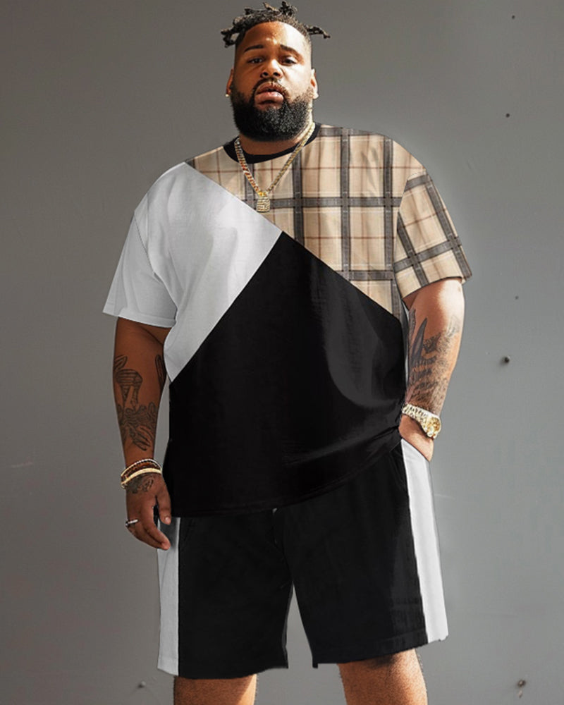Big & Tall Black White Plaid T-Shirt Shorts Set for big men view 1
