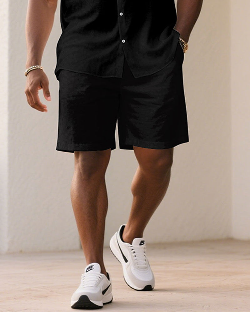 Big & Tall Black Gray Patchwork T-Shirt Shorts Set for big men view 3