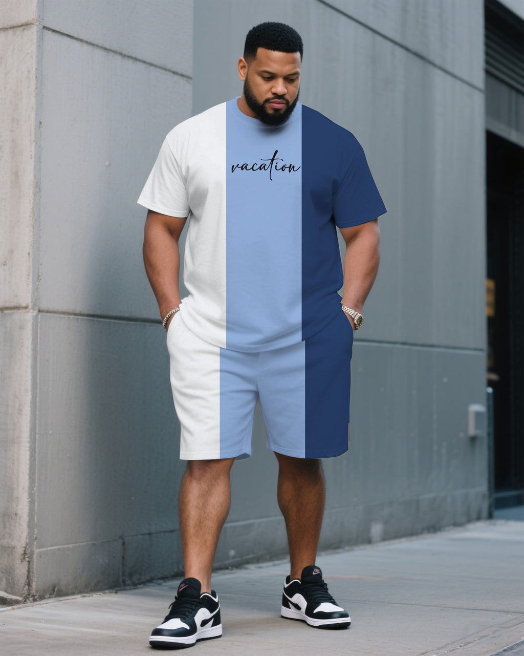 Big & Tall White Blue Colorblock T-Shirt Pants Set for big men view 1