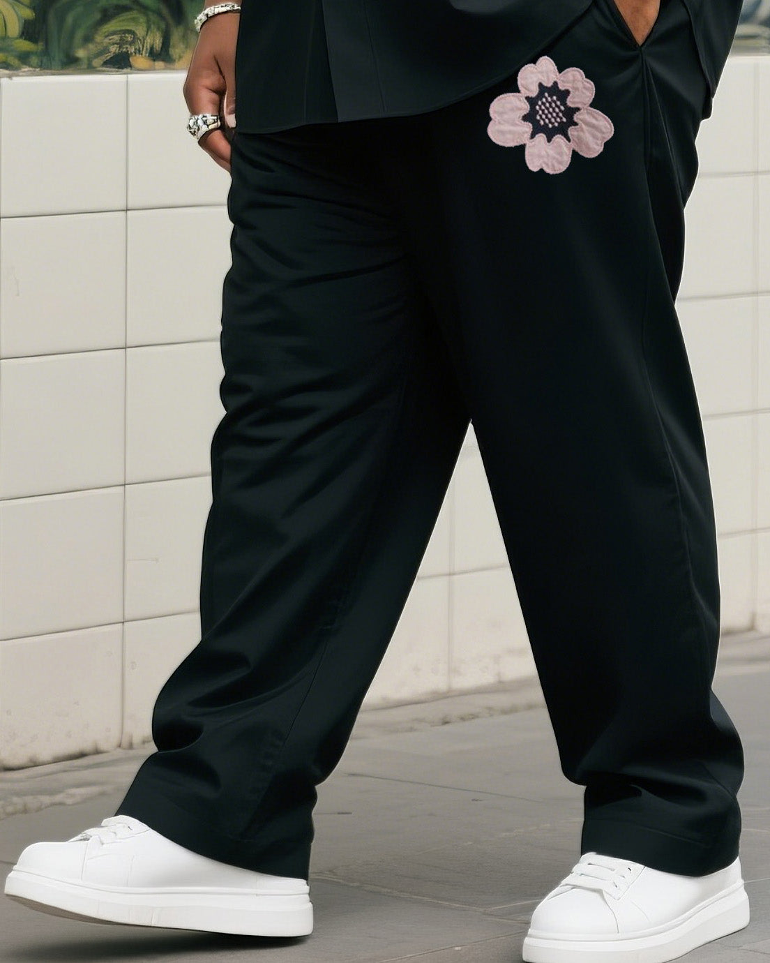 Big & Tall Black Floral T-Shirt Pants Set for big men view 3