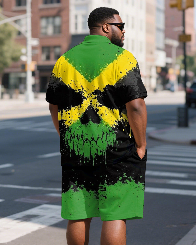 Big & Tall Black Green Colorblock Polo Shorts Set for big men view 4