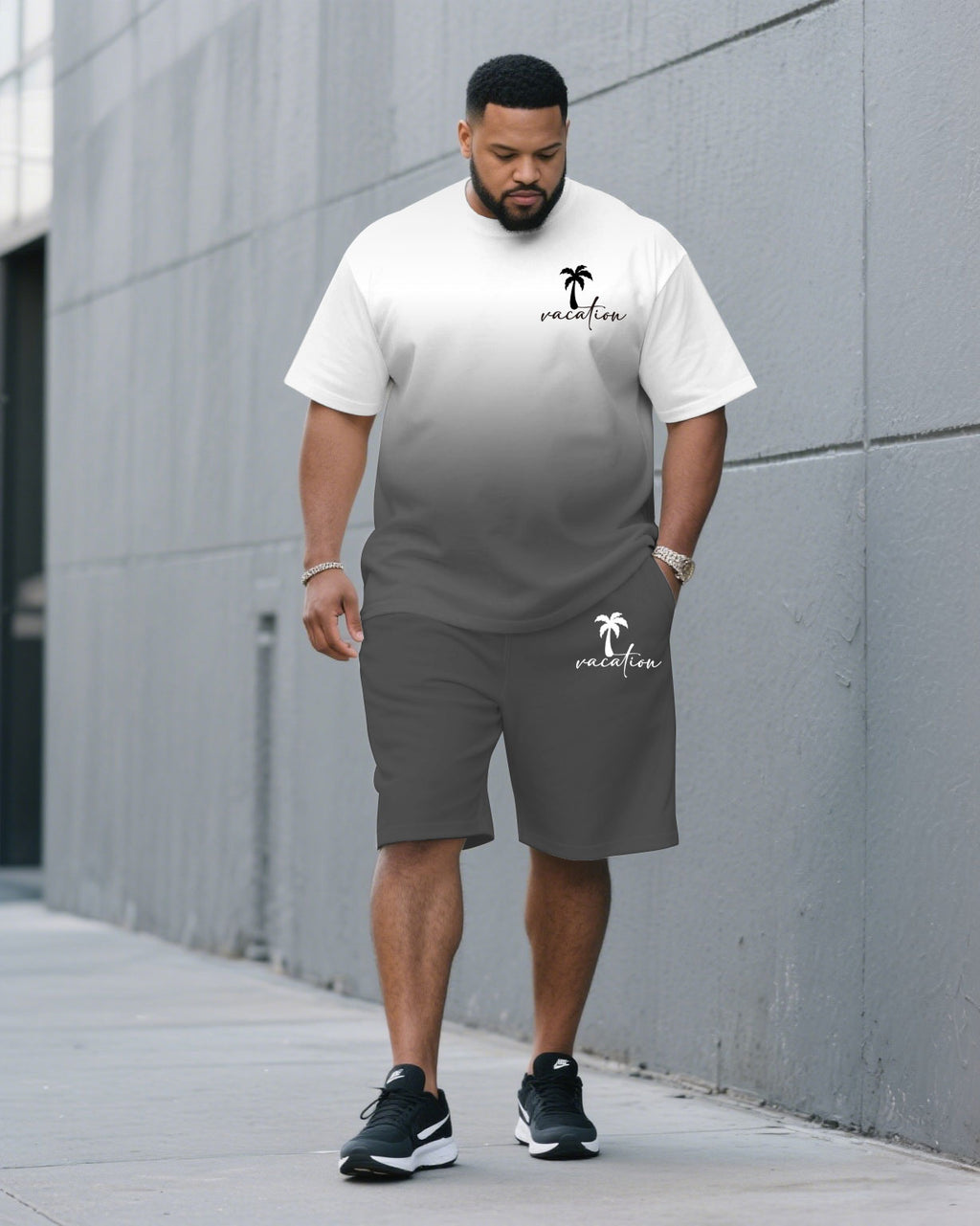 Big & Tall White Gray Hawaiian T-Shirt Pants Set for big men view 1