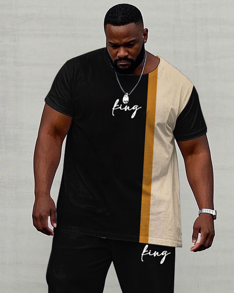 Big & Tall Black Khaki Colorblock T-Shirt Pants Set for men view 2