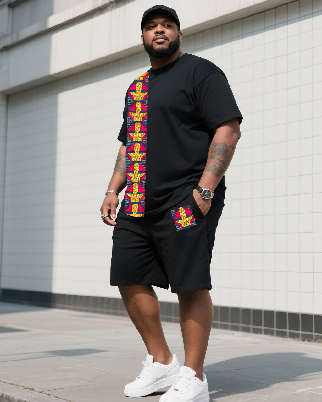 Big & Tall Black Striped Graphic T-Shirt Shorts Set for big men view 1