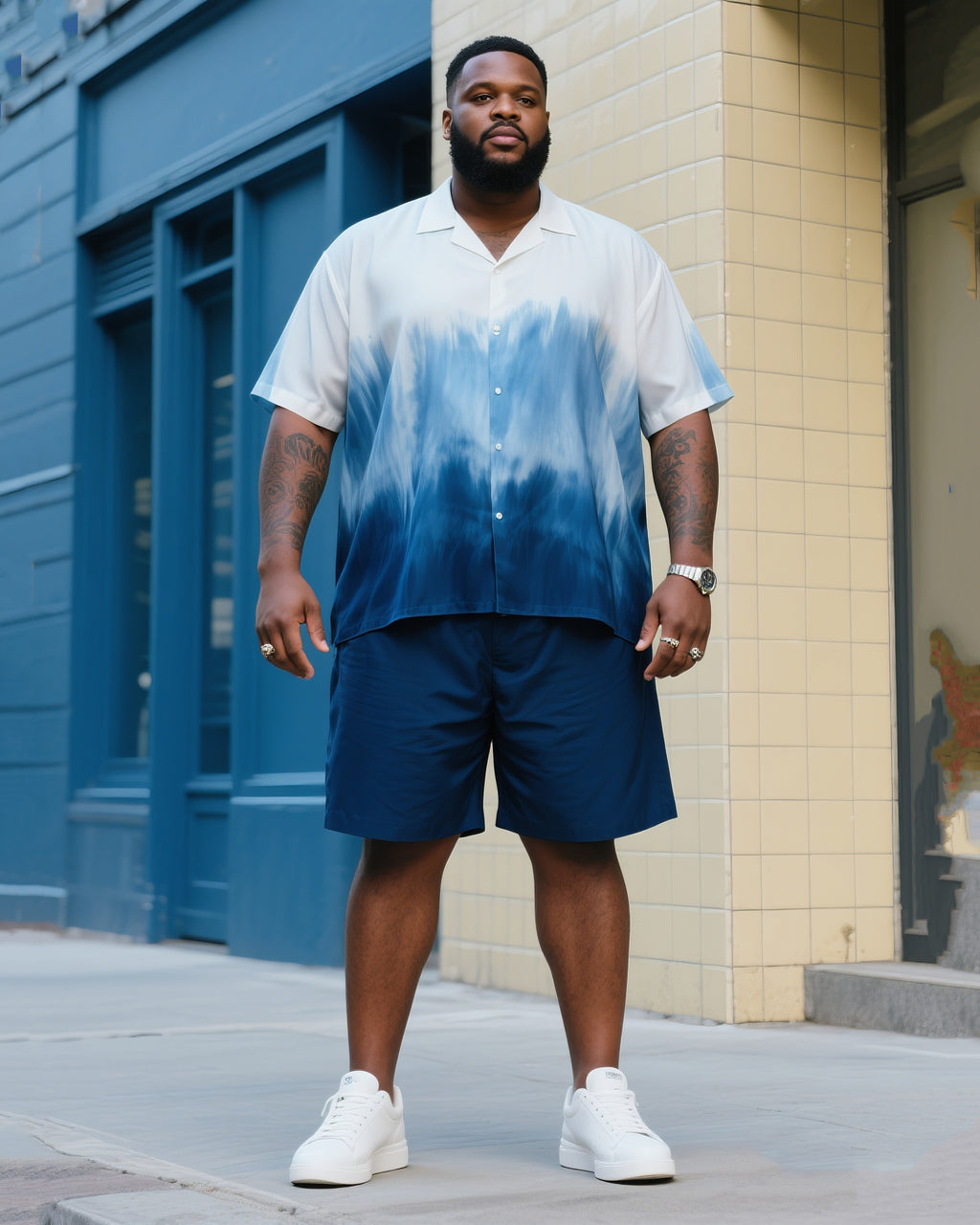 Big & Tall Blue Gradient T-Shirt Shorts Set for big men view 1