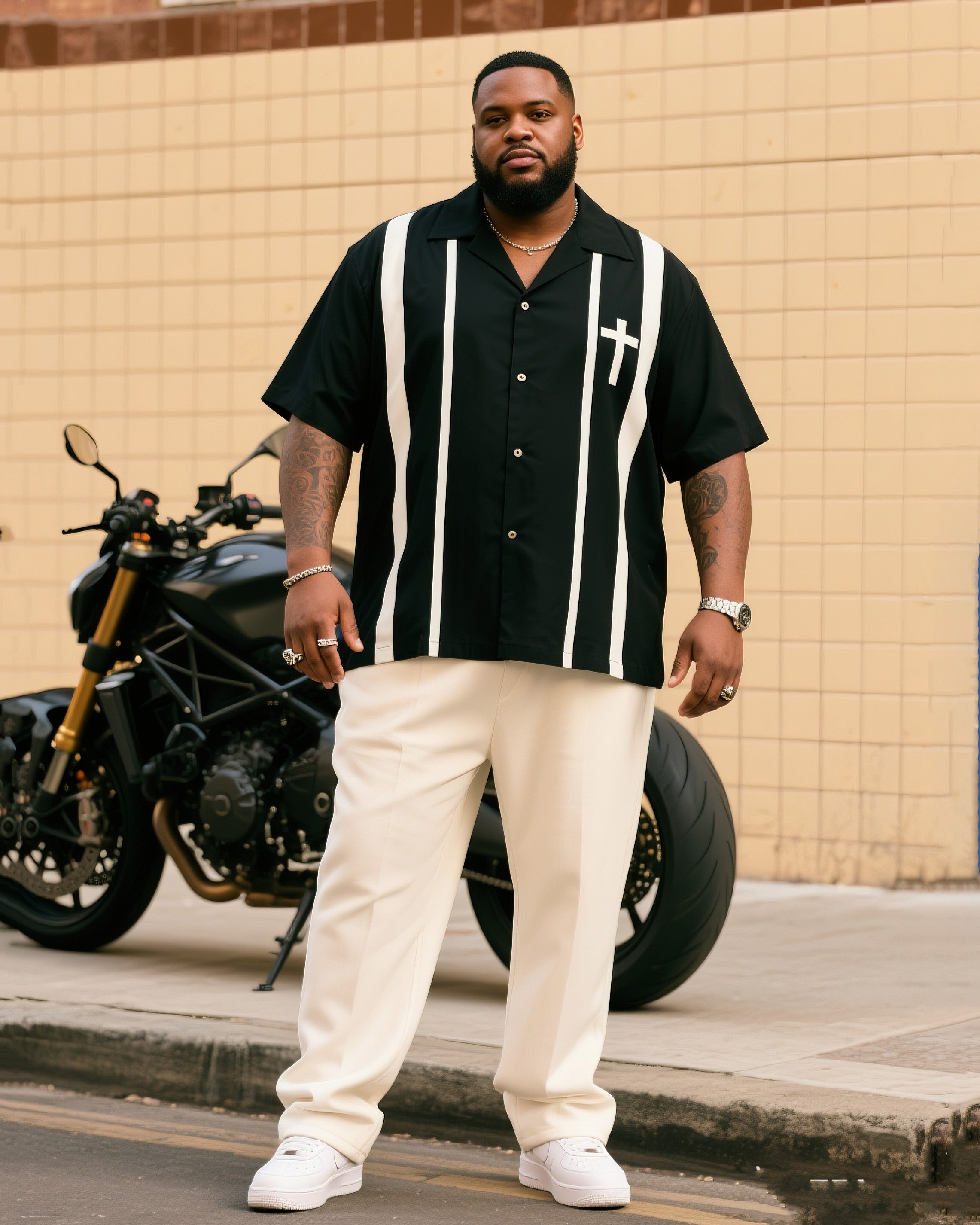 Big & Tall Geometric Striped T-Shirt Pants Set for big men view 1