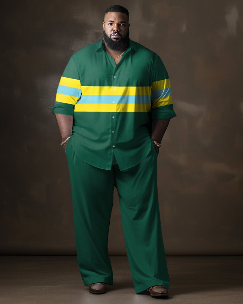 Big & Tall Green Yellow Colorblock Shirt Pants Set for big men view 1