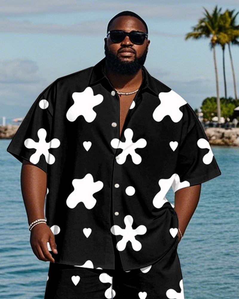 Big & Tall Black White Hawaiian T-Shirt Shorts Set for big men view 2