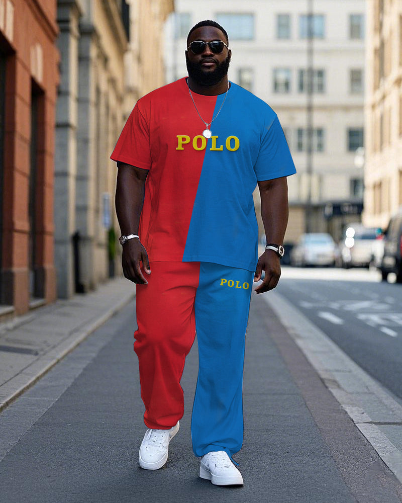 Big & Tall Blue Red Colorblock T-Shirt Pants Set for big men view 1