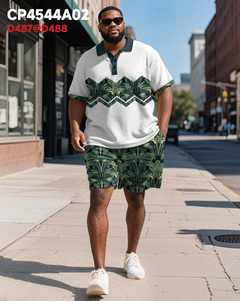 Big & Tall Green Colorblock Geometric Polo Shorts Set for big men view 2