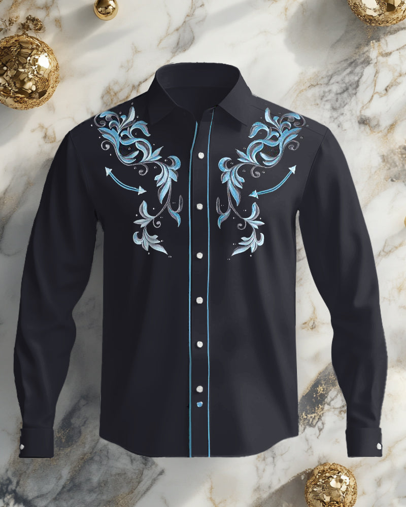 Big & Tall Western Denim Floral Long Sleeve Shirt for big men view 2