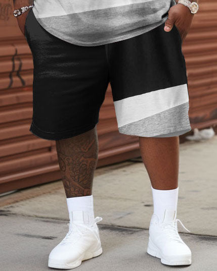 Big & Tall Black Gray Patchwork T-Shirt Shorts Set for big men view 3