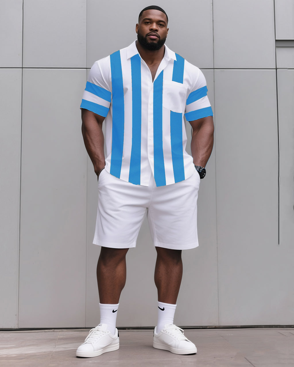 Big & Tall Black Blue Striped T-Shirt Shorts Set for big men view 9