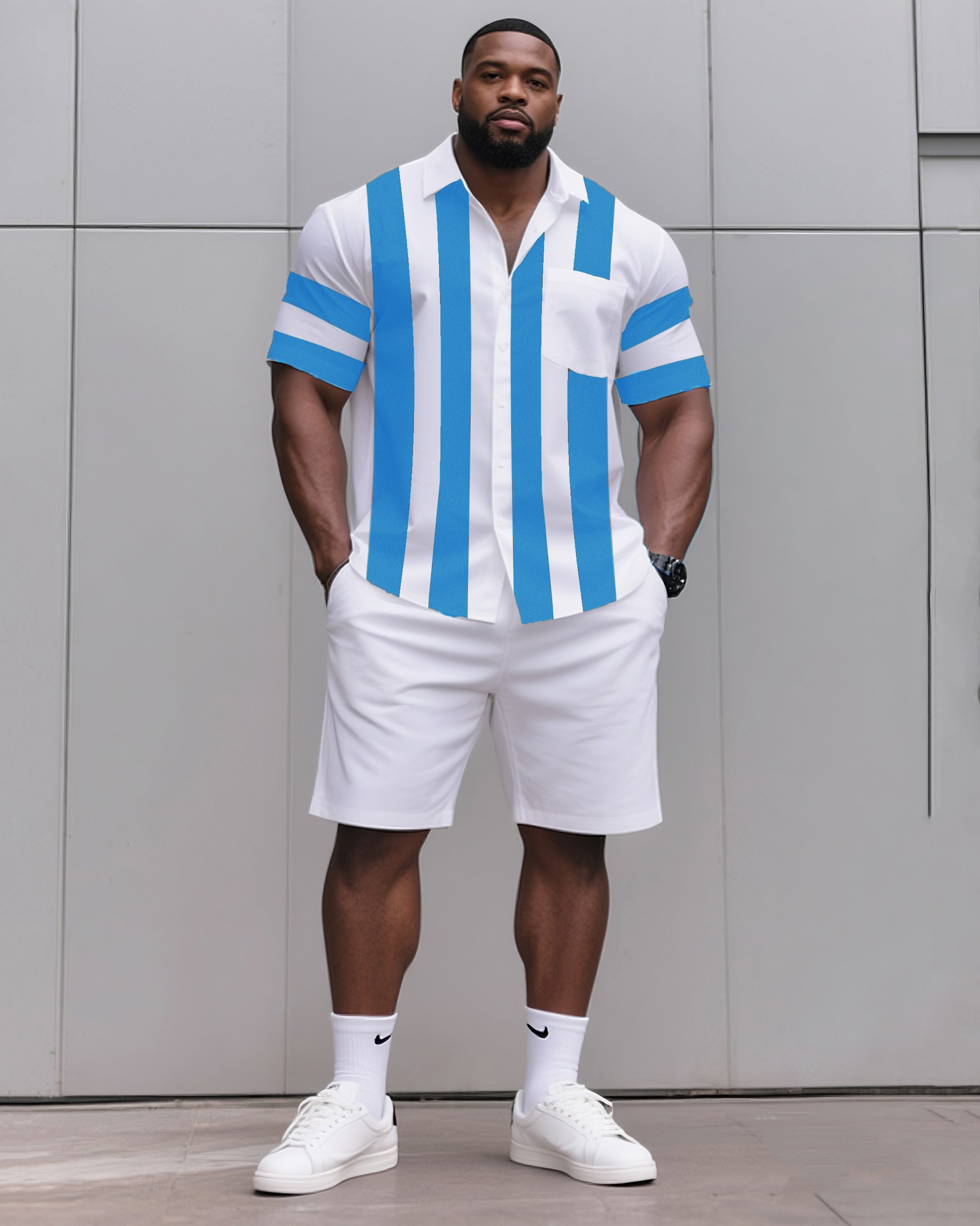 Big & Tall Black Blue Striped T-Shirt Shorts Set for big men view 9