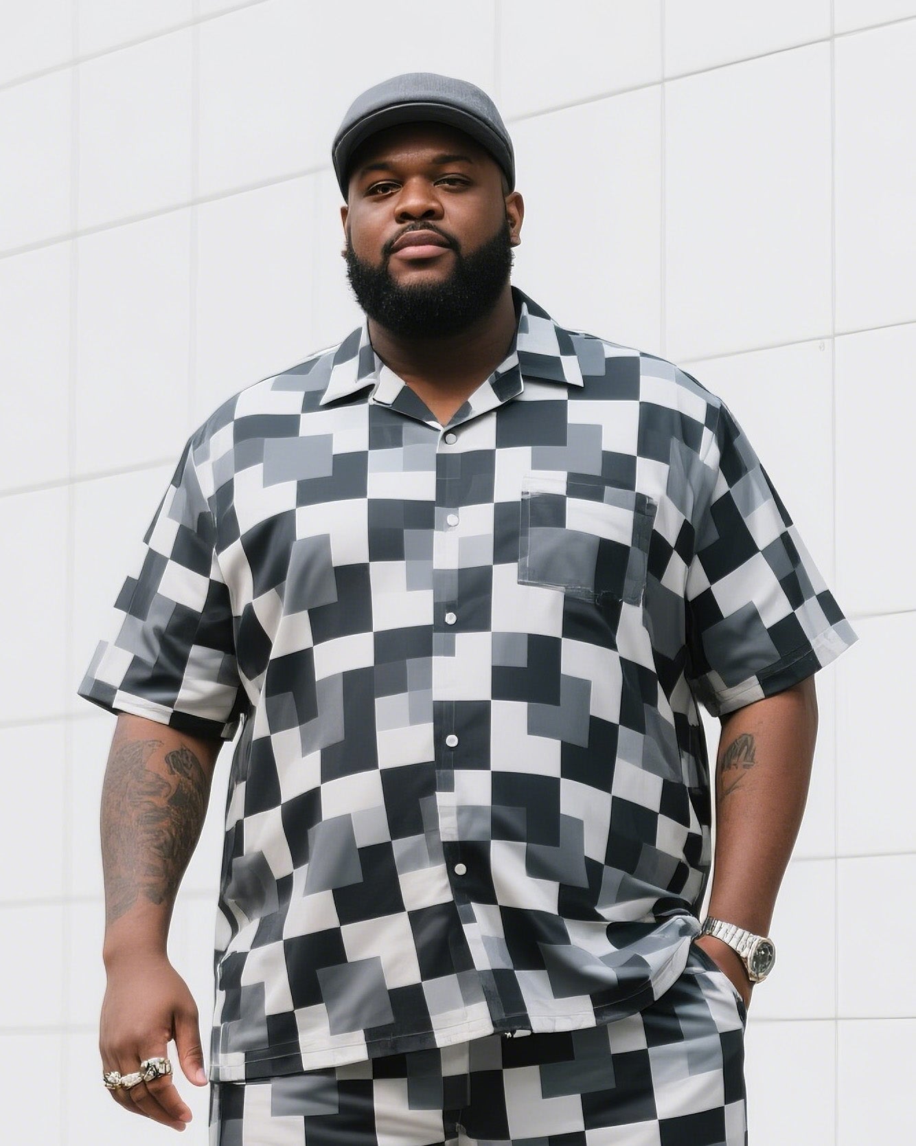 Big & Tall Black White Plaid T-Shirt Shorts Set for big men view 1