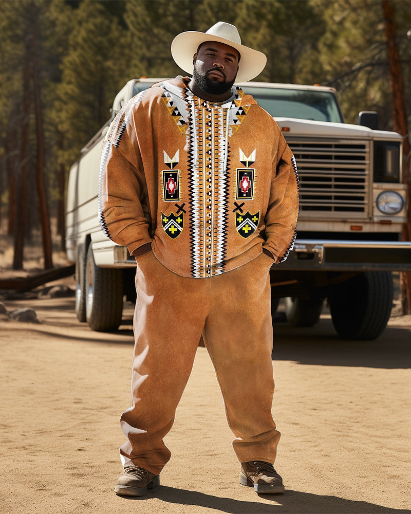 Big & Tall Brown Western Hoodie Sweatpants Set for big men view 1