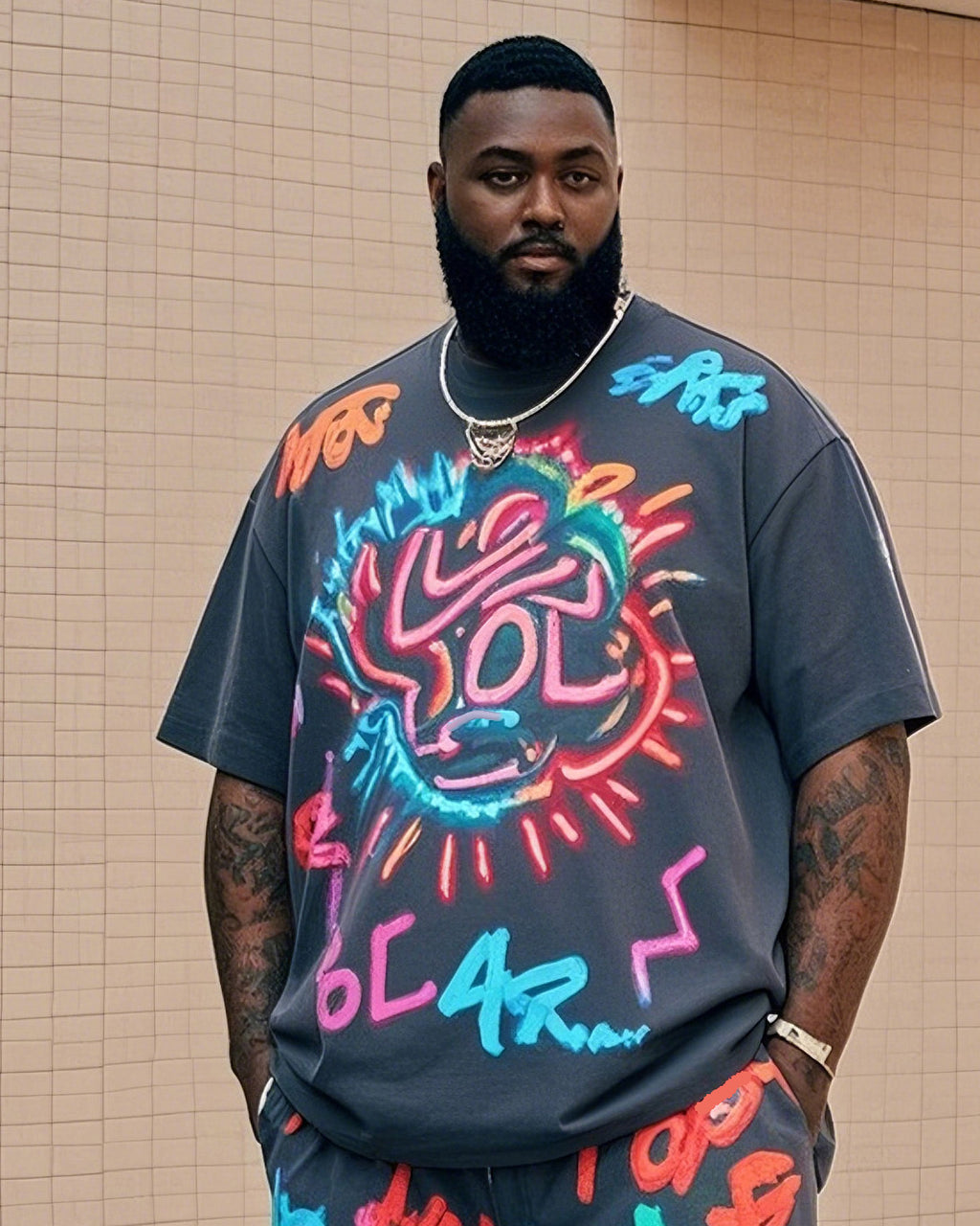 Big & Tall Graffiti T-Shirt Shorts Set for big men view 2