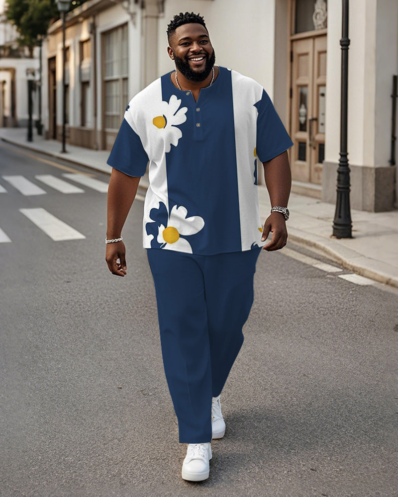 Big & Tall White Blue Colorblock T-Shirt Pants Set for big men view 1