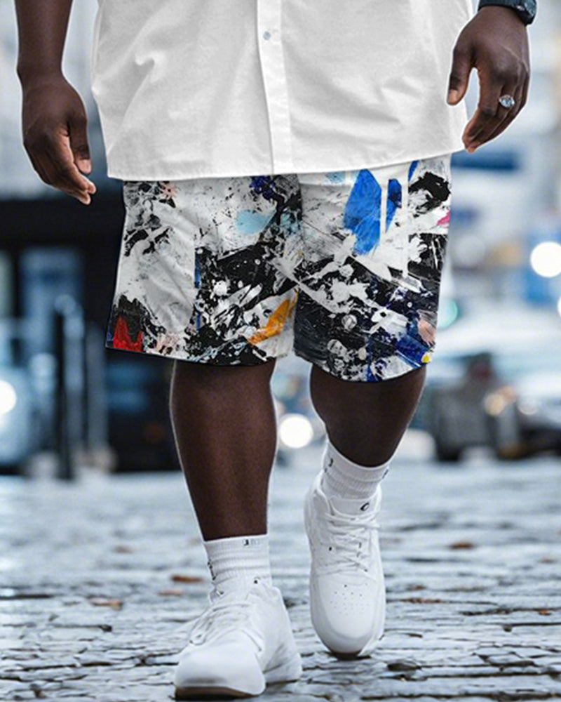 Big & Tall White Graphic Graffiti T-Shirt Shorts Set for big men view 3