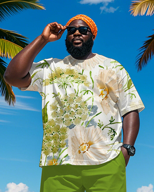 Big & Tall Green Hawaiian Graphic T-Shirt Shorts Set for big men view 2