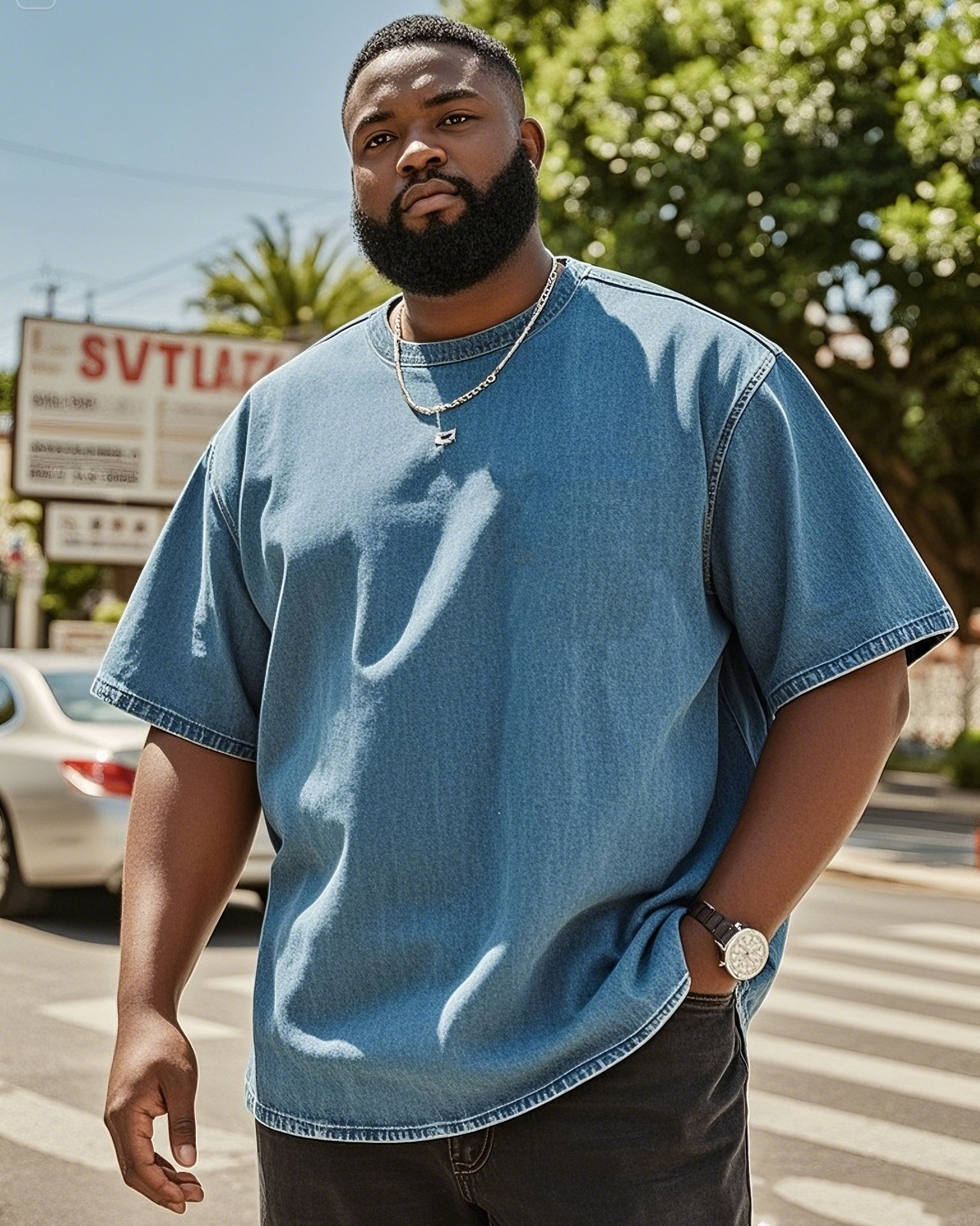 Big & Tall Denim Washed Solid Color T-Shirt for big men view 1